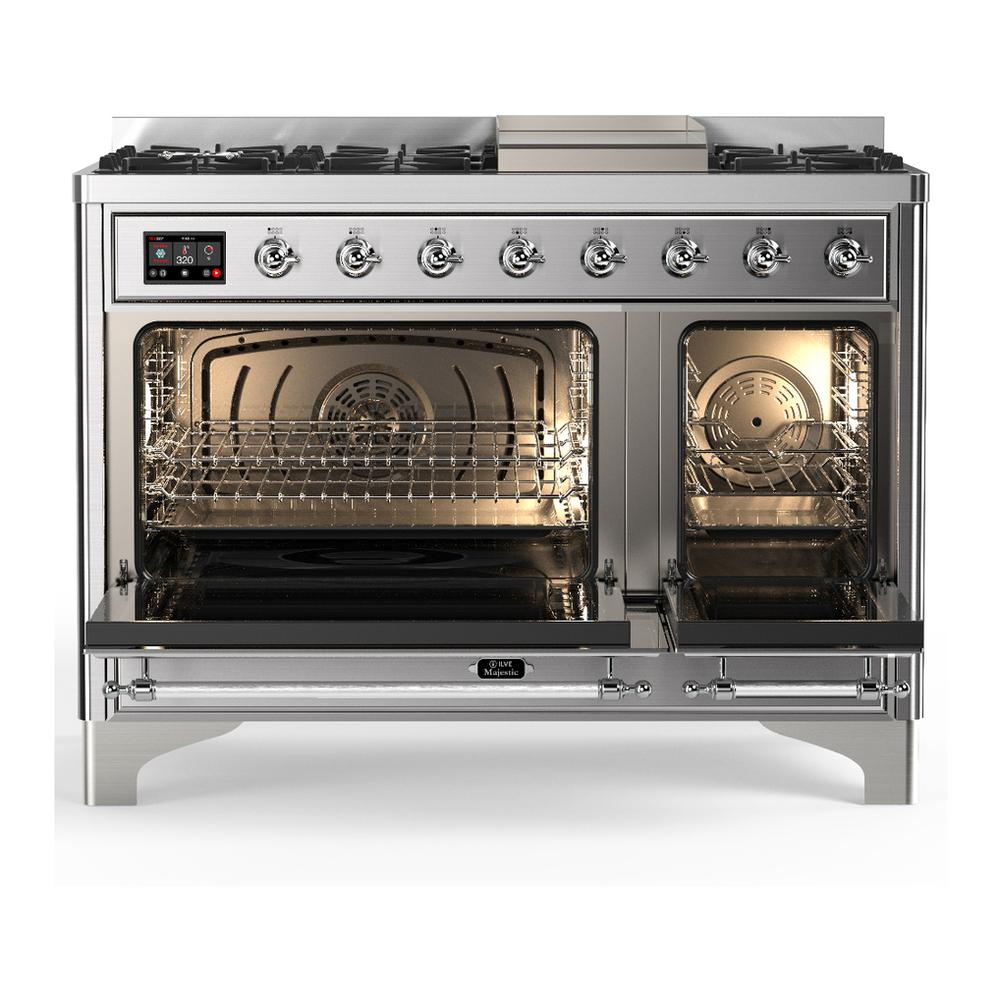 ILVE UM48FQNR3SSCLP Majestic III 48 inch Dual Fuel Range with 8 Burners and Griddle, Dual Function Burner up to 25,000 BTU (Liquid Propane, Solid Door, Stainless Steel, Chrome)