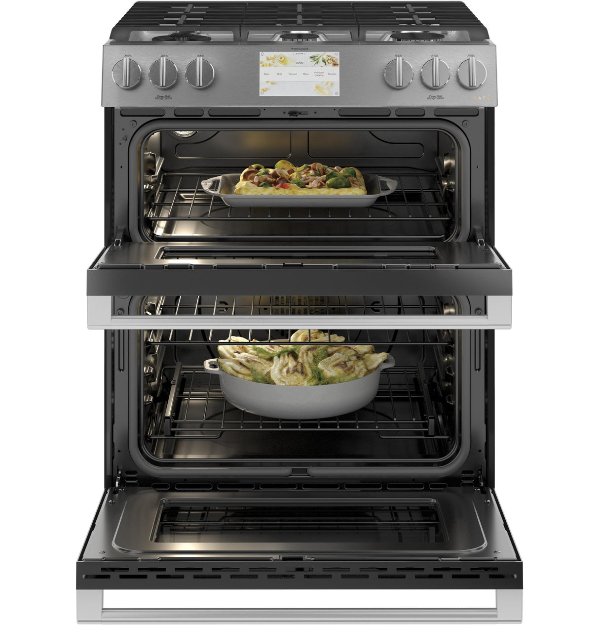 CAF(EBACK)™ 30" Smart Slide-In, Front-Control, Dual-Fuel, Double-Oven Range with Convection in Platinum Glass