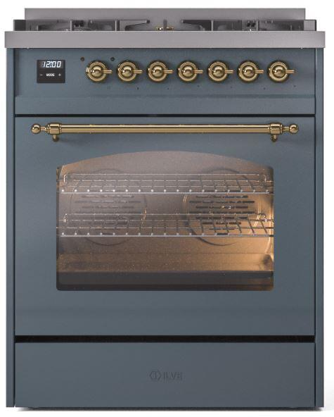 Nostalgie II 30 Inch Dual Fuel Liquid Propane Freestanding Range in Blue Grey with Brass Trim