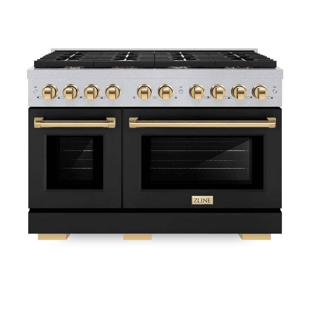 ZLINE Autograph Edition 48 in. 6.7 cu. ft. Paramount Double Oven Dual Fuel Range with 8 Burner Gas Cooktop in DuraSnow' Stainless Steel with Black Matte Door and Polished Gold Accents (SDRSZ-BLM-48-G)
