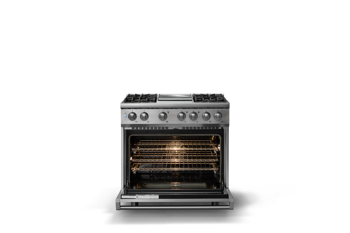 36"W. Dual Fuel Range (Burner: 4g, Finish: Stainless Steel, Trim: Polished Chrome, Fuel: Natural Gas)
