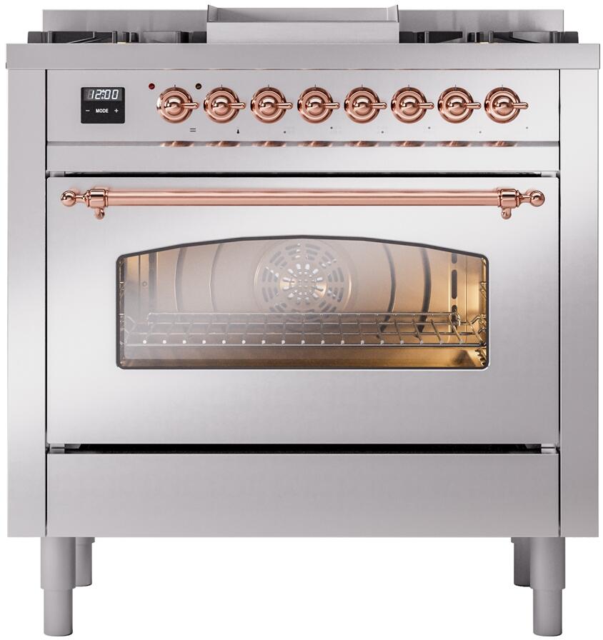 Nostalgie II 36 Inch Dual Fuel Liquid Propane Freestanding Range in Stainless Steel with Copper Trim