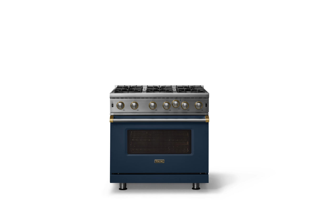36"W. Open Burner Gas Range (Finish: Slate Blue, Trim: Brushed Brass, Fuel: Natural Gas)