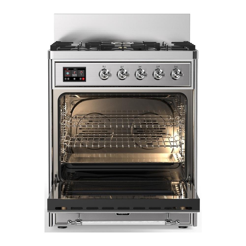 ILVE UM30NR3SSCLP Majestic III 30 inch Dual Fuel Range with 5 Black Brass Burners, Dual Function Burner up to 25,000 BTU (Liquid Propane, Triple Glass Door, Stainless Steel, Chrome)