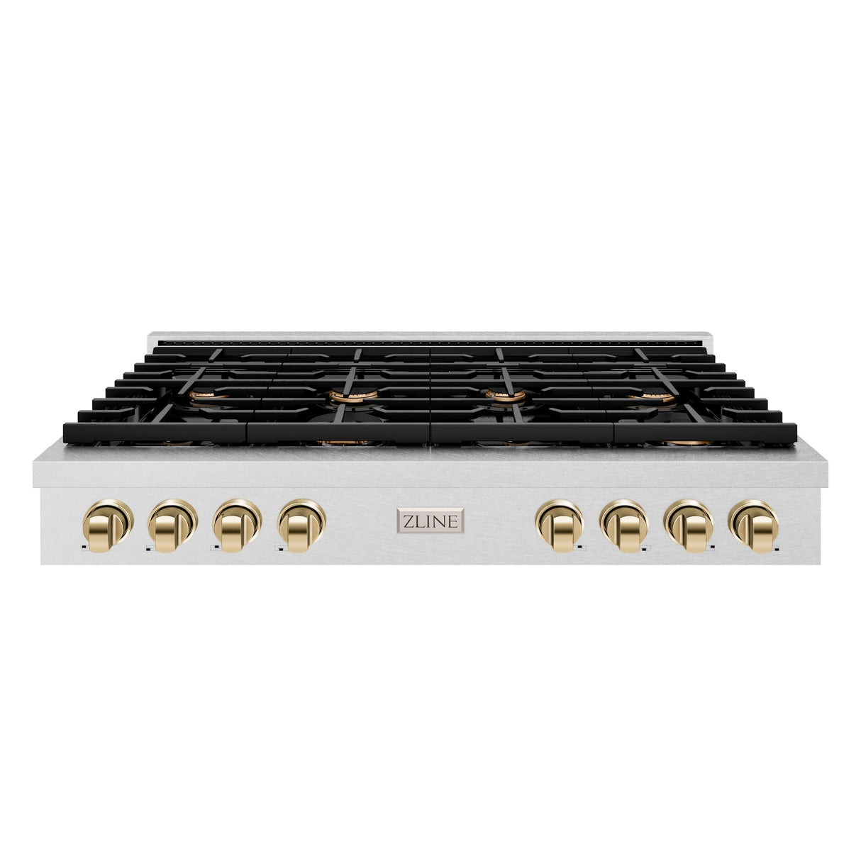 ZLINE 48 in. Autograph Edition Paramount Gas Rangetop with 8 Burners and Porcelain Cooktop in DuraSnow' Stainless Steel with Polished Gold Accents (SRTSZ-48-G)
