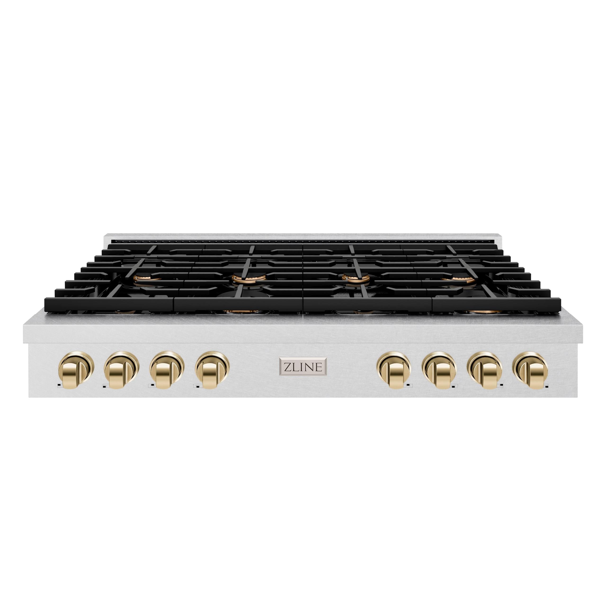 ZLINE 48 in. Autograph Edition Paramount Gas Rangetop with 8 Burners and Porcelain Cooktop in DuraSnow' Stainless Steel with Polished Gold Accents (SRTSZ-48-G)