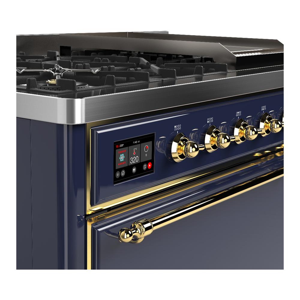 ILVE UM48FQNR3MBG Majestic III 48 inch Dual Fuel Range with 8 Burners and Griddle, Dual Function Burner up to 25,000 BTU (Natural Gas, Solid Door, Midnight Blue, Brass)