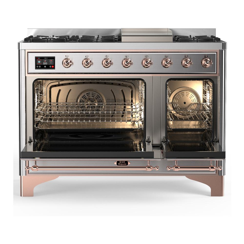 ILVE UM48FQNR3SSP Majestic III 48 inch Dual Fuel Range with 8 Burners and Griddle, Dual Function Burner up to 25,000 BTU (Natural Gas, Solid Door, Stainless Steel, Copper)