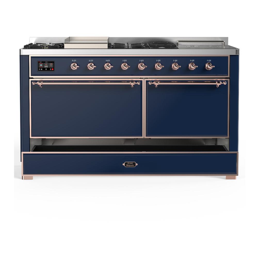 ILVE UM60FSQNR3MBPLP Majestic III 60 inch Dual Fuel Range with 7 Burners, Griddle and French Top, Dual Function Burner with up to 25,000 BTU (Liquid Propane, Solid Door, Midnight Blue, Copper)