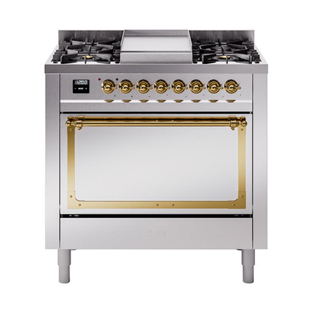 ILVE UN36FQNMPSSGLP Nostalgie II Noblesse 36 inch Dual Fuel Range (Liquid Propane, Solid Door, Stainless Steel, Brass)