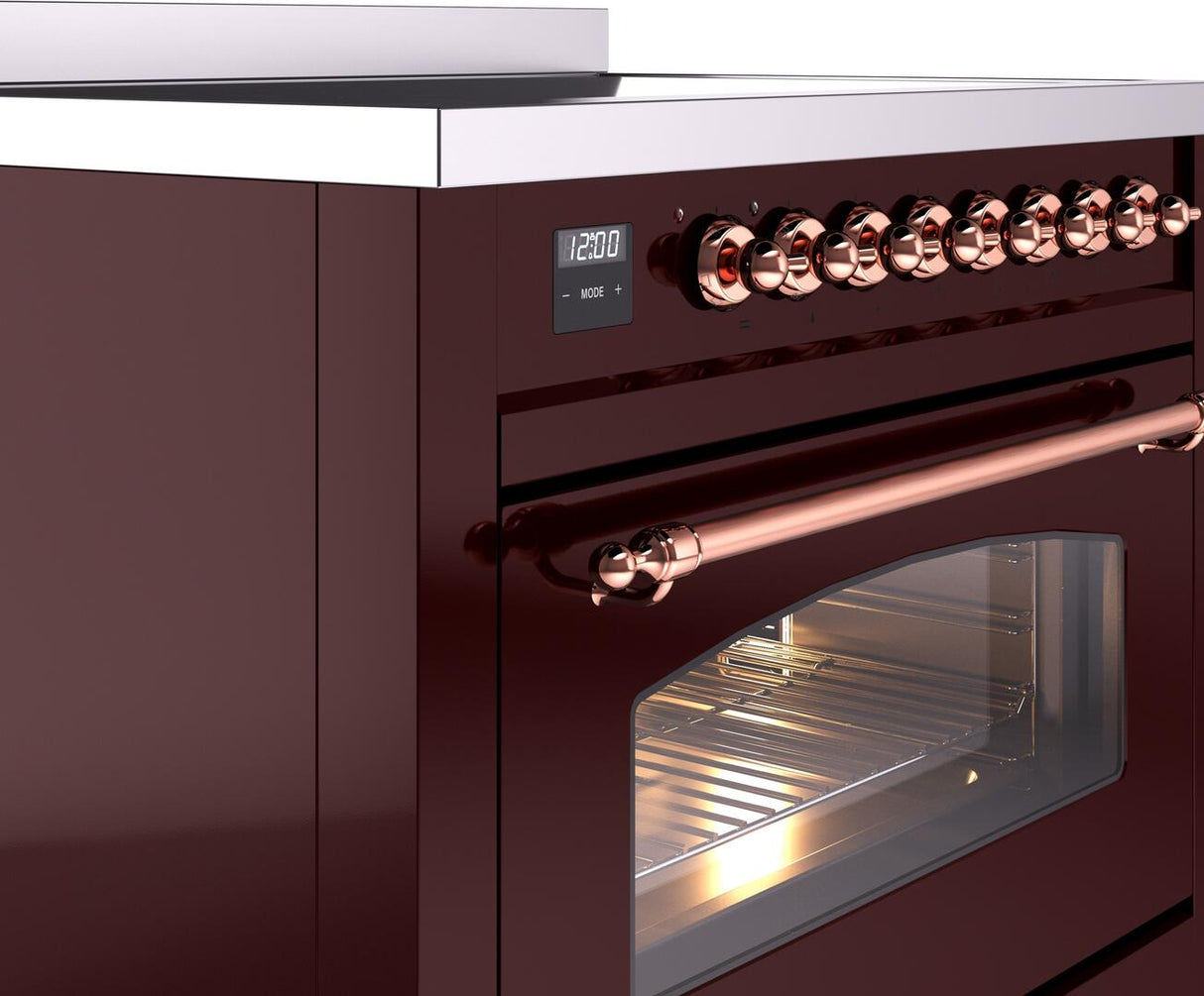 Nostalgie II 36 Inch Electric Freestanding Range in Burgundy with Copper Trim