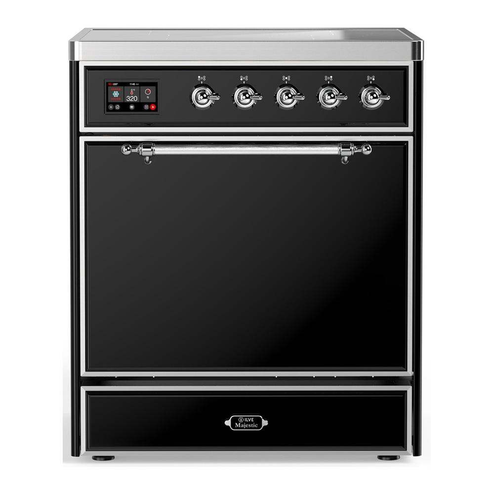 ILVE UMIB30QNR3BKC Majestic III 30 inch Induction Range with 4 Elements, 4 cu. ft. Oven Capacity (Solid Door, Glossy Black, Chrome)