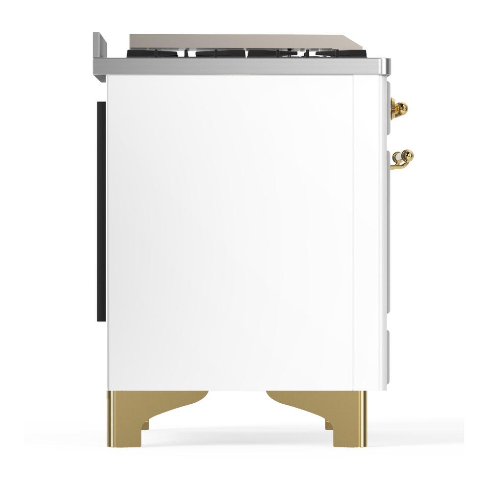 ILVE UM60FSQNR3WHG Majestic III 60 inch Dual Fuel Range with 7 Burners, Griddle and French Top, Dual Function Burner with up to 25,000 BTU (Natural Gas, Solid Door, White, Brass)