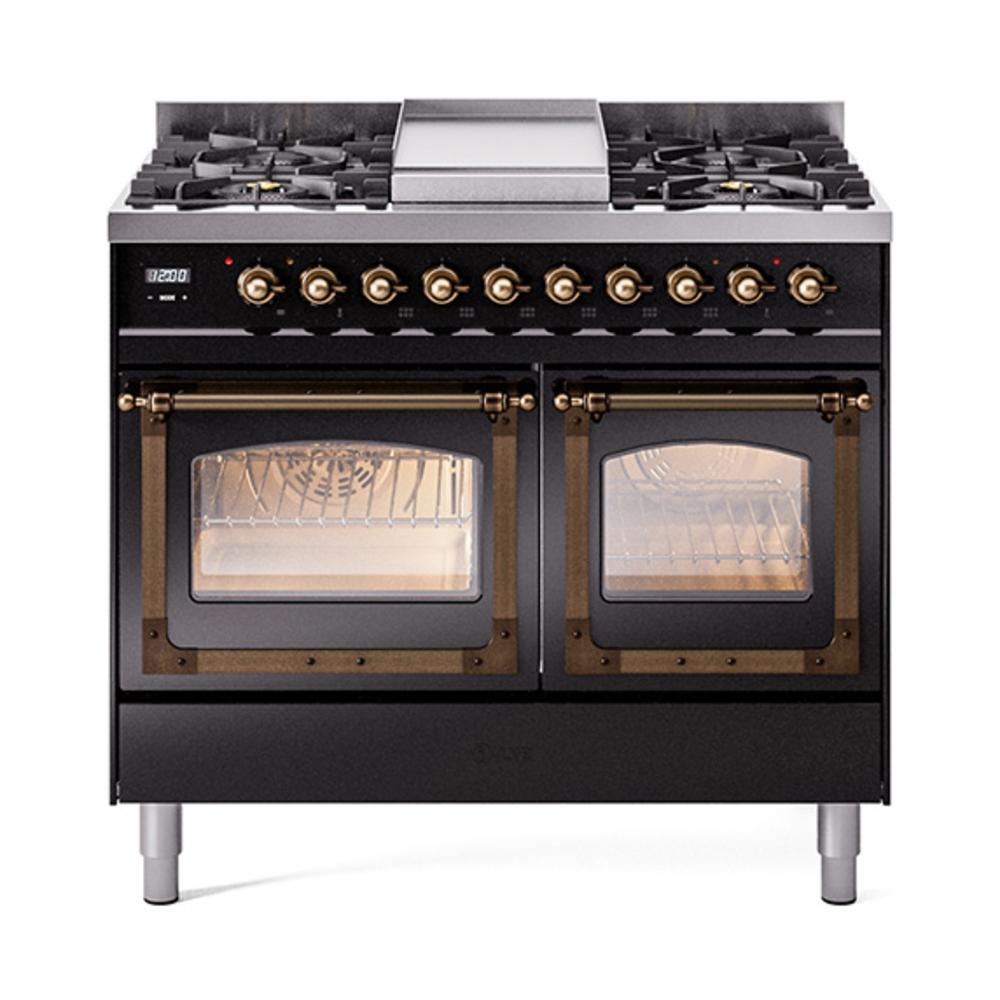 ILVE UND40FNMPBKBLP Nostalgie II Noblesse 40 inch Dual Fuel Range (Liquid Propane, Triple Glass Door, Glossy Black, Burnished)
