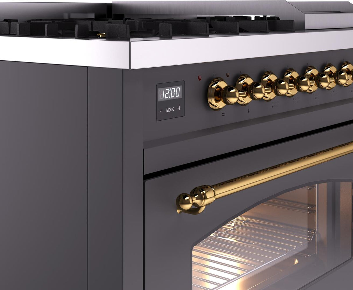 Nostalgie II 48 Inch Dual Fuel Natural Gas Freestanding Range in Matte Graphite with Brass Trim