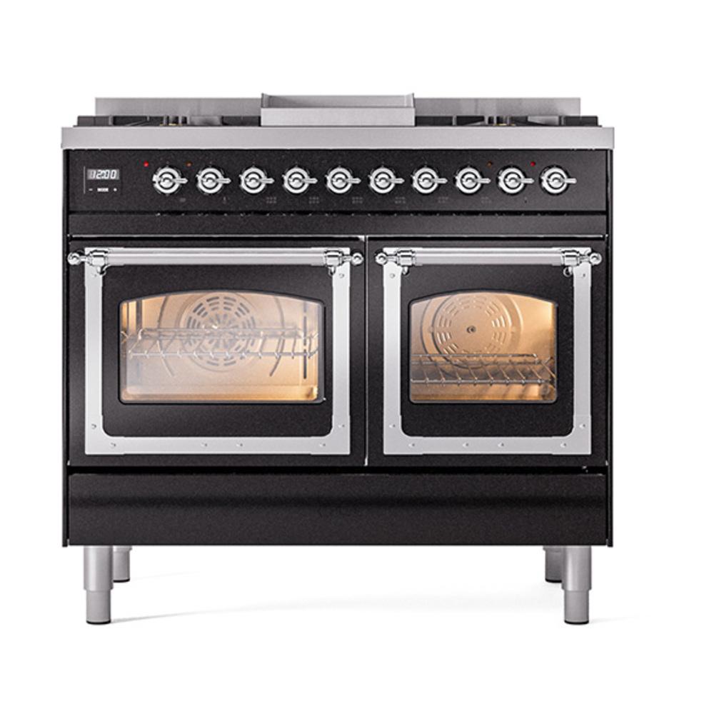 ILVE UND40FNMPBKCLP Nostalgie II Noblesse 40 inch Dual Fuel Range (Liquid Propane, Triple Glass Door, Glossy Black, Chrome)
