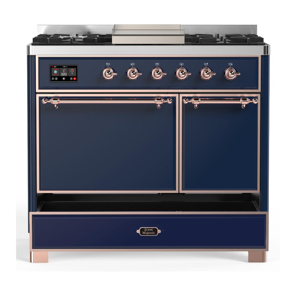 ILVE UMD40FQNR3MBPLP Majestic III 40 inch Dual Fuel Range with 6 Burners and Griddle, Dual Function Burner up to 25,000 BTU (Liquid Propane, Solid Door, Midnight Blue, Copper)