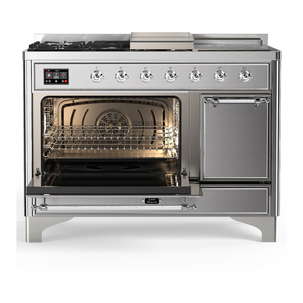 ILVE UM48FSQNR3SSC Majestic III 48 inch Dual Fuel Range with 5 Black Brass Burners, Griddle and French Top, Dual Function Burner up to 25,000 BTU (Natural Gas, Solid Door, Stainless Steel, Chrome)