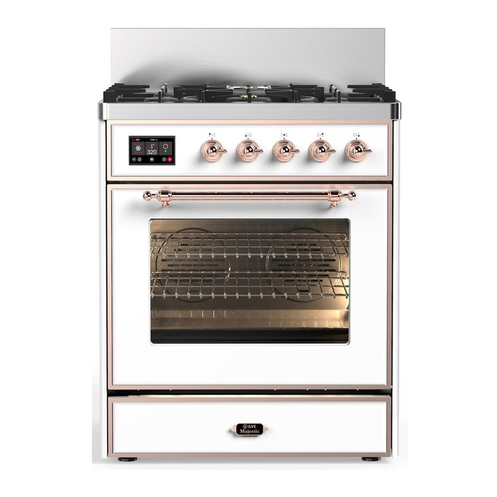 ILVE UM30NR3WHP Majestic III 30 inch Dual Fuel Range with 5 Black Brass Burners, Dual Function Burner up to 25,000 BTU (Natural Gas, Triple Glass Door, White, Copper)
