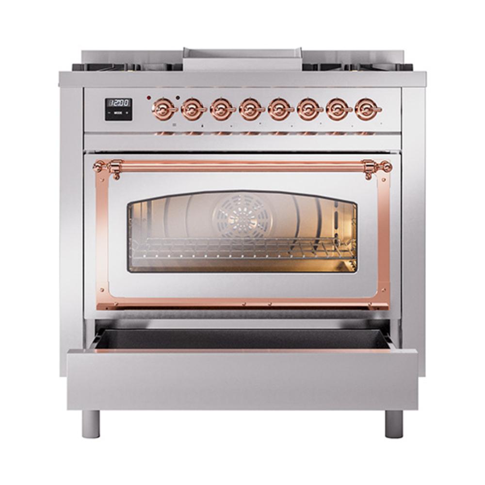 ILVE UN36FNMPSSP Nostalgie II Noblesse 36 inch Dual Fuel Range (Natural Gas, Triple Glass Door, Stainless Steel, Copper)