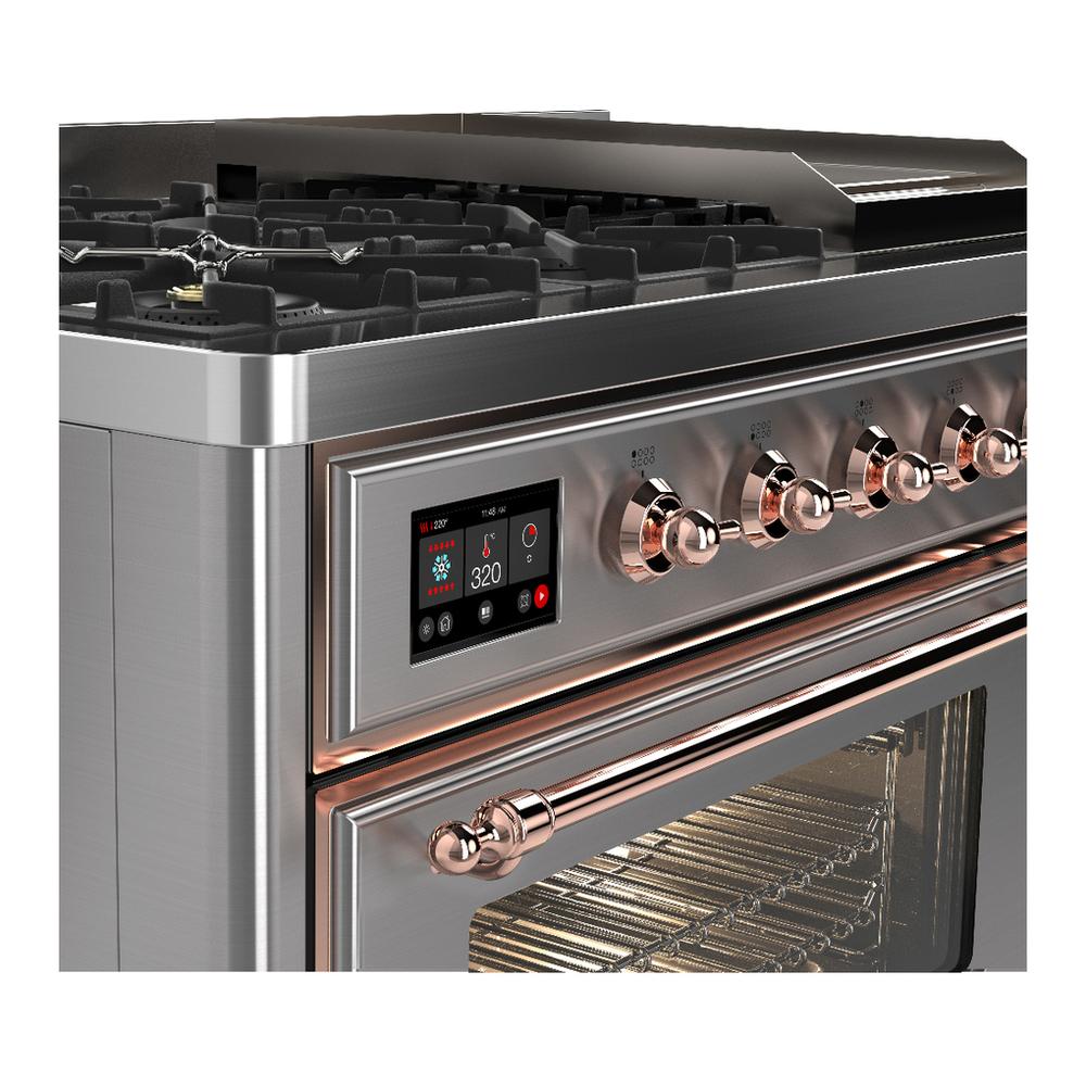 ILVE UM48FNR3SSP Majestic III 48 inch Dual Fuel Range with 8 Burners and Griddle, Dual Function Burner up to 25,000 BTU (Natural Gas, Triple Glass Door, Stainless Steel, Copper)