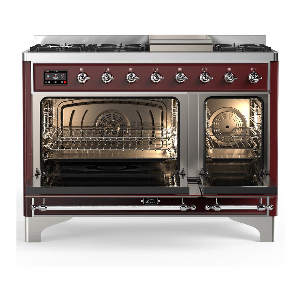 ILVE UM48FQNR3BUC Majestic III 48 inch Dual Fuel Range with 8 Burners and Griddle, Dual Function Burner up to 25,000 BTU (Natural Gas, Solid Door, Burgundy, Chrome)