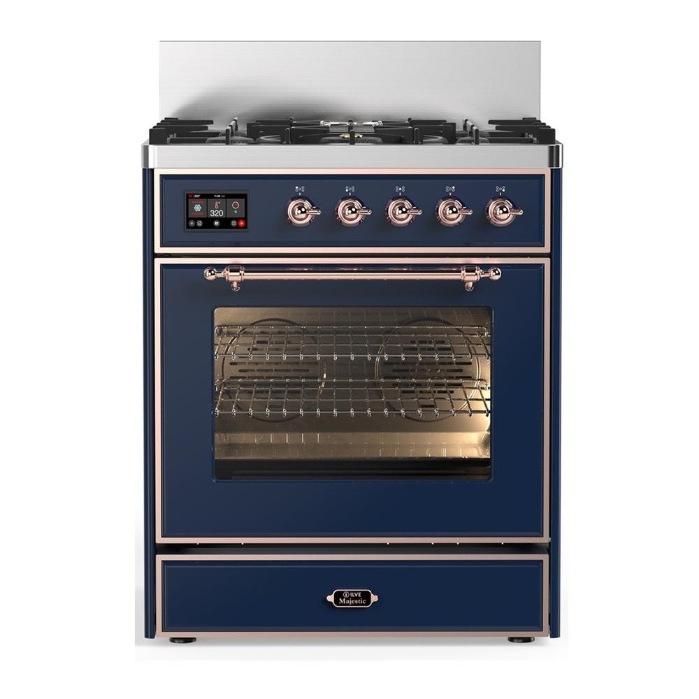 ILVE UM30NR3MBP Majestic III 30 inch Dual Fuel Range with 5 Black Brass Burners, Dual Function Burner up to 25,000 BTU (Natural Gas, Triple Glass Door, Midnight Blue, Copper)