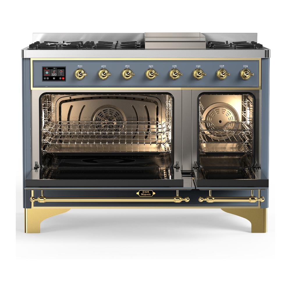 ILVE UM48FQNR3BGGLP Majestic III 48 inch Dual Fuel Range with 8 Burners and Griddle, Dual Function Burner up to 25,000 BTU (Liquid Propane, Solid Door, Blue Grey, Brass)