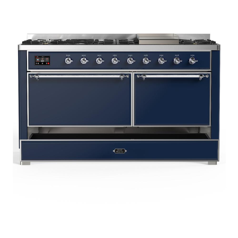 ILVE UM60FQNR3MBC Majestic III 60 inch Dual Fuel Range with 9 Burners and Griddle, Dual Function Burner up to 25,000 BTU (Natural Gas, Solid Door, Midnight Blue, Chrome)
