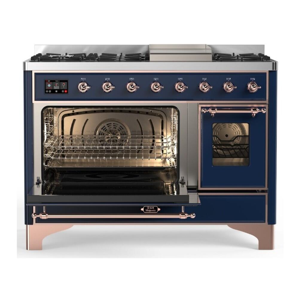 ILVE UM48FNR3MBP Majestic III 48 inch Dual Fuel Range with 8 Burners and Griddle, Dual Function Burner up to 25,000 BTU (Natural Gas, Triple Glass Door, Midnight Blue, Copper)