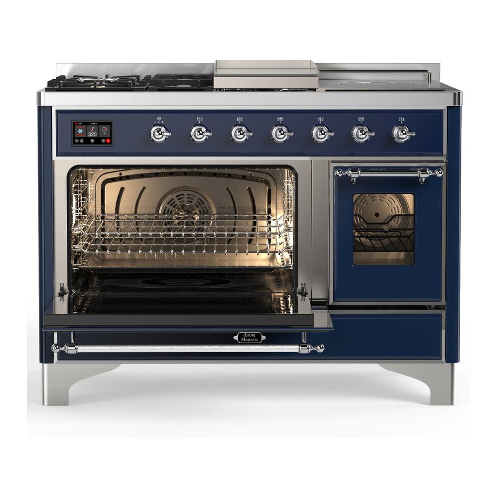 ILVE UM48FSNR3MBCLP Majestic III 48 inch Dual Fuel Range with 5 Black Brass Burners, Griddle and French Top, Dual Function Burner up to 25,000 BTU (Liquid Propane, Triple Glass Door, Midnight Blue, Chrome)