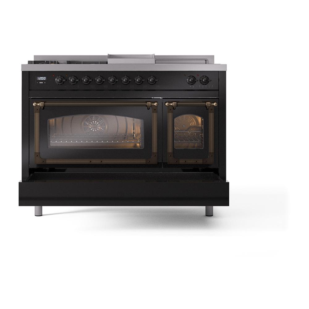 ILVE UN48FSNMPBKB Nostalgie II Noblesse 48 inch Dual Fuel Range (5 Sealed Burners + Griddle + French Top, Natural Gas, Triple Glass Door, Glossy Black, Burnished)