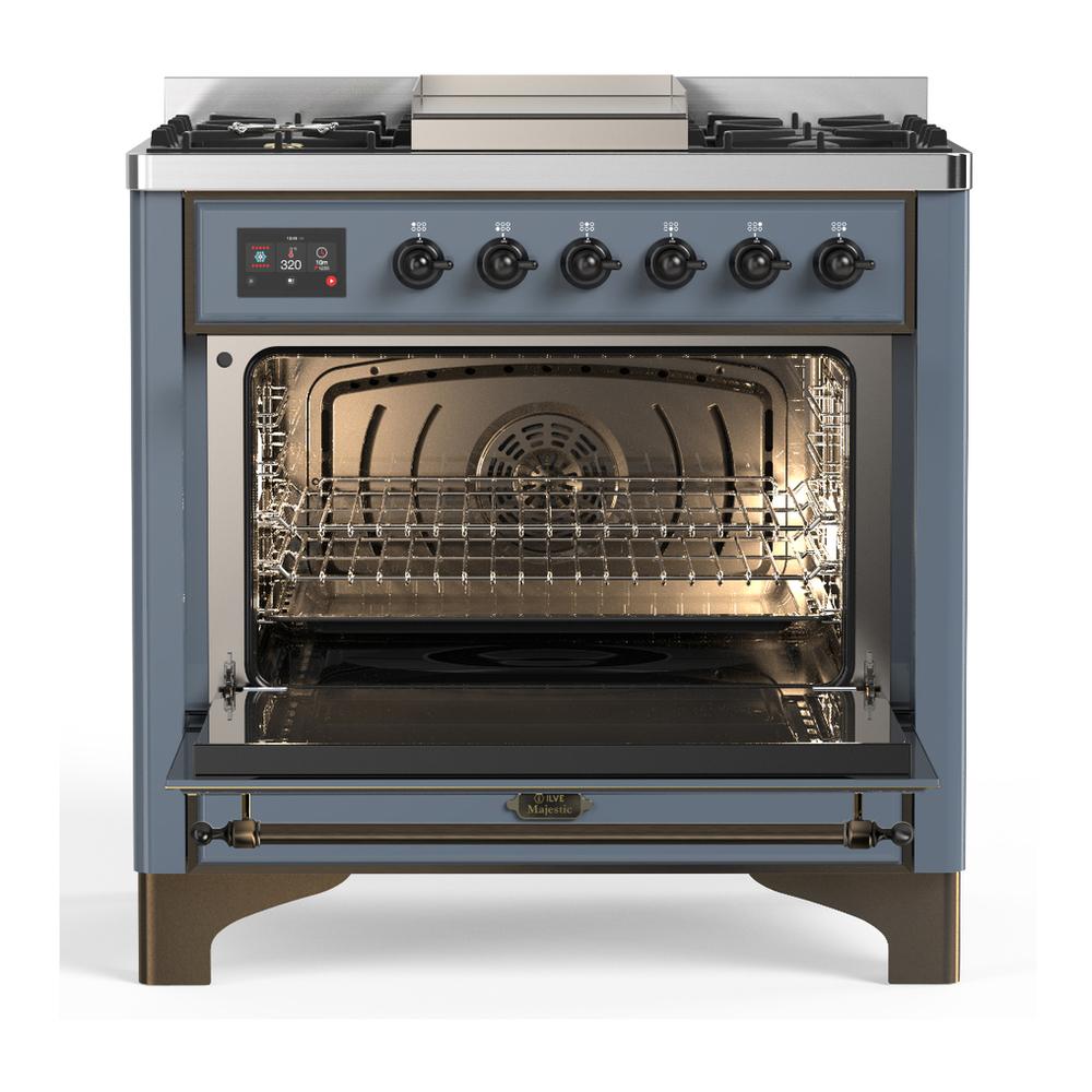 ILVE UM36FQNR3BGBLP Majestic III 36 inch Dual Fuel Range with 6 Black Brass Burners and Griddle, Dual Function Burner up to 25,000 BTU (Solid Door, Blue Grey, Burnished, Liquid Propane)