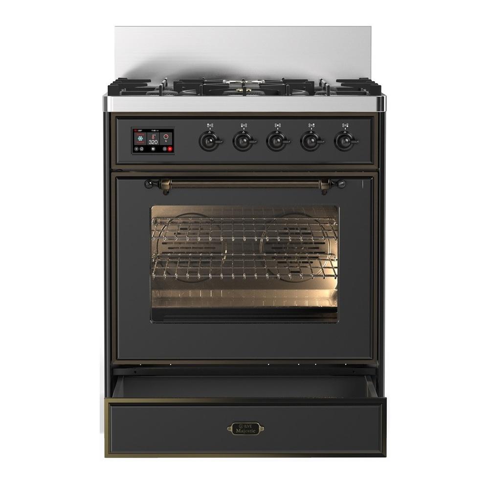 ILVE UM30NR3MGB Majestic III 30 inch Dual Fuel Range with 5 Black Brass Burners, Dual Function Burner up to 25,000 BTU (Natural Gas, Triple Glass Door, Graphite Matte, Burnished)