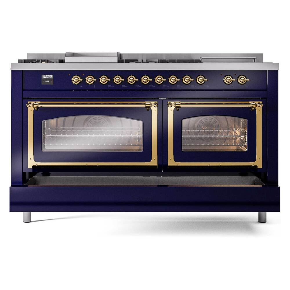 ILVE UN60FSNMPMBG Nostalgie II Noblesse 60 inch Dual Fuel Range (7 Sealed Burners + Griddle + French Top, Natural Gas, Triple Glass Door, Midnight Blue, Brass)