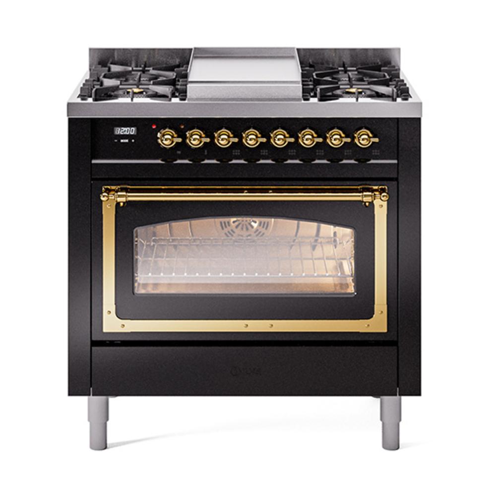 ILVE UN36FNMPBKGLP Nostalgie II Noblesse 36 inch Dual Fuel Range (Liquid Propane, Triple Glass Door, Glossy Black, Brass)