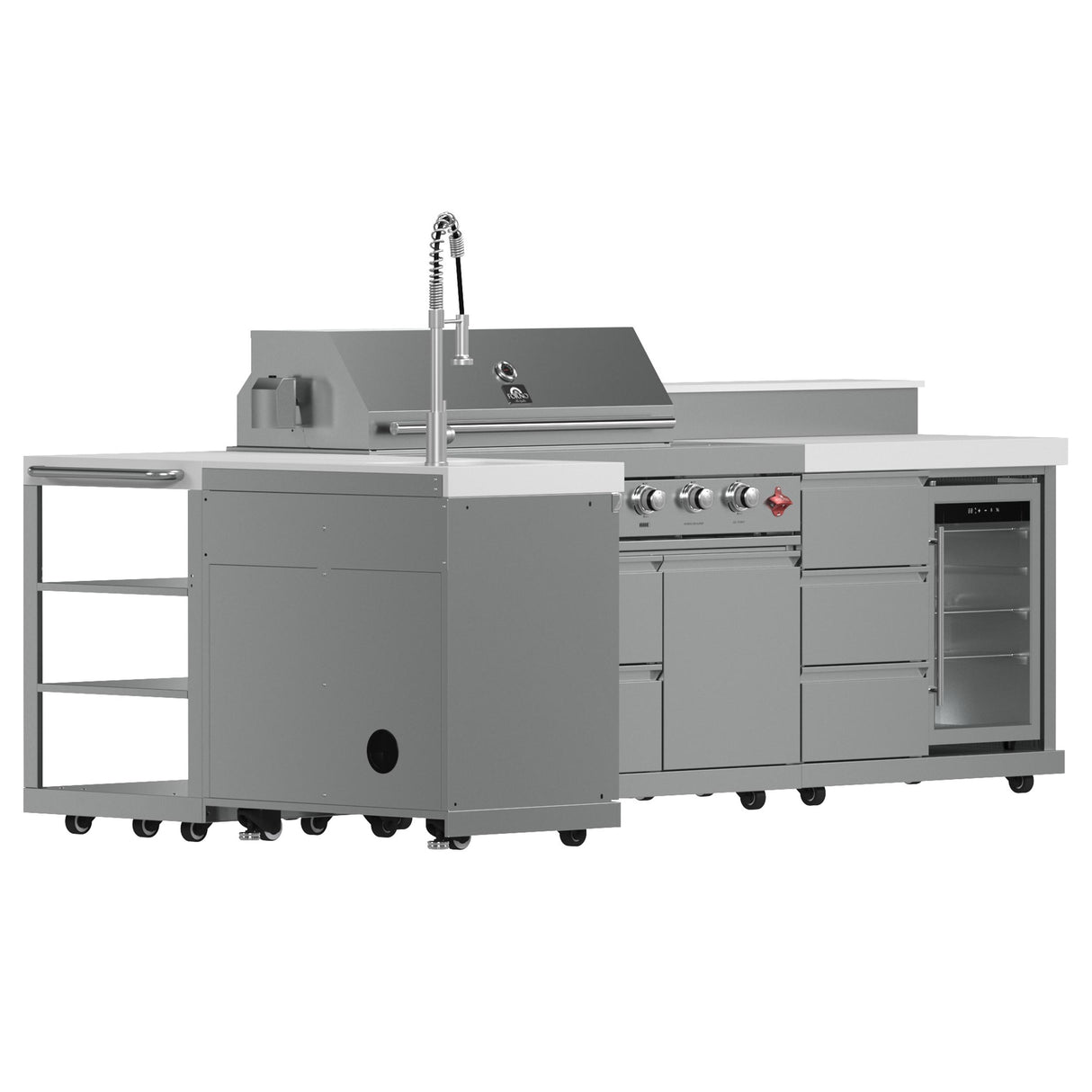 FORNO Bulnes 40-Inch BBQ, 95,000 BTU, 5 Burners, Sear & Rotisserie Infrared with Side Burner, Stainless Steel Outdoor Kitchen with 1.8 cu.ft. Beverage Center & White Sintered Stone Countertops