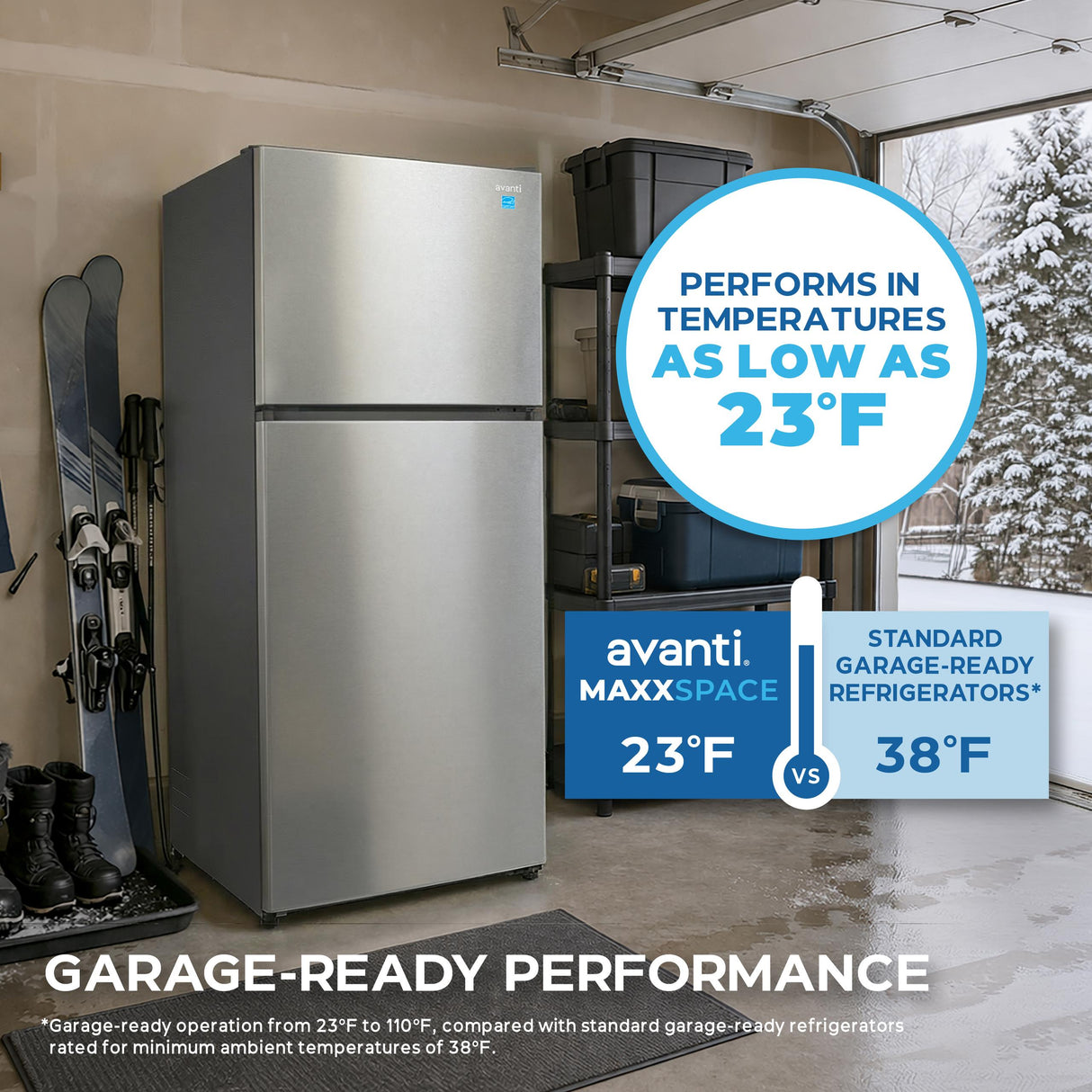 Avanti MaxxSpace Insulation™ Technology Garage-Ready Frost-Free Ice Maker-Ready Refrigerator, 21 cu. ft., ENERGY STAR, Stainless Steel Look (AVFF21DLJM0SS)