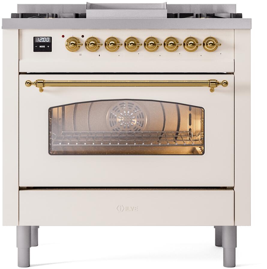 Nostalgie II 36 Inch Dual Fuel Liquid Propane Freestanding Range in Antique White with Brass Trim