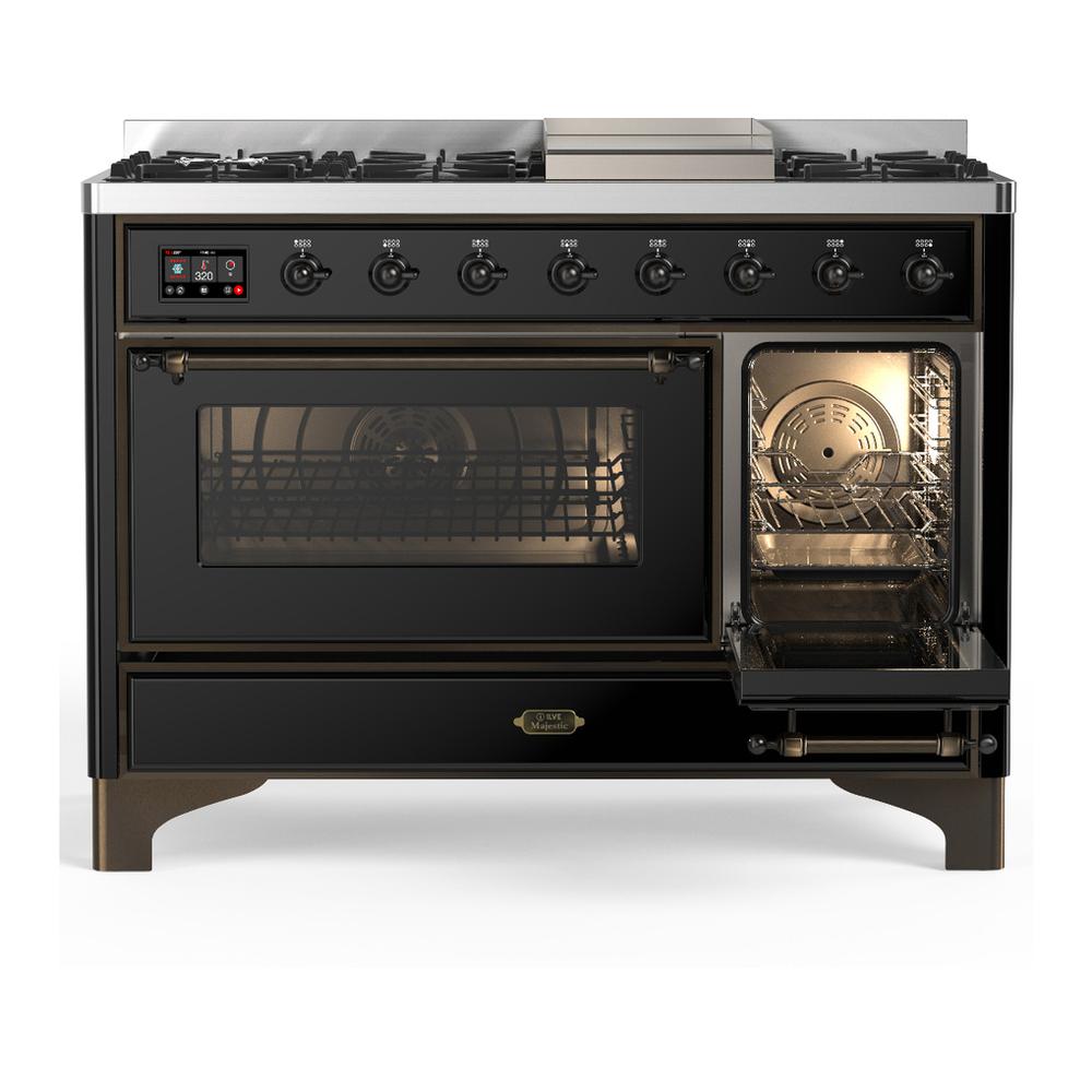 ILVE UM48FNR3BKB Majestic III 48 inch Dual Fuel Range with 8 Burners and Griddle, Dual Function Burner up to 25,000 BTU (Natural Gas, Triple Glass Door, Glossy Black, Burnished)