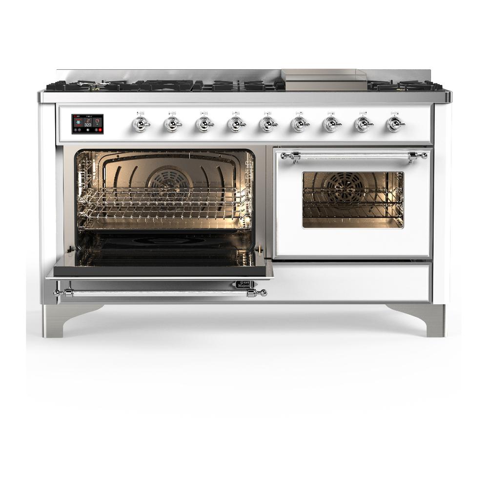 ILVE UM60FNR3WHCLP Majestic III 60 inch Dual Fuel Range with 9 Burners and Griddle, Dual Function Burner up to 25,000 BTU (Liquid Propane, Triple Glass Door, White, Chrome)