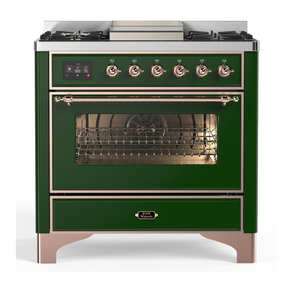ILVE UM36FNR3EGPLP Majestic III 36 inch Dual Fuel Range with 6 Black Brass Burners and Griddle, Dual Function Burner up to 25,000 BTU (Triple Glass Door, Emerald Green, Copper, Liquid Propane)