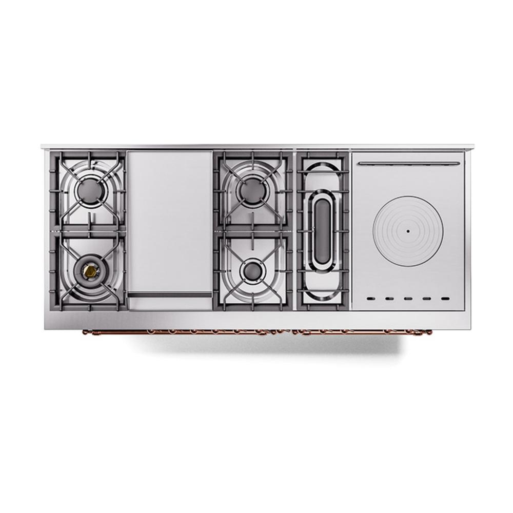 ILVE UN60FSNMPBUP Nostalgie II Noblesse 60 inch Dual Fuel Range (7 Sealed Burners + Griddle + French Top, Natural Gas, Triple Glass Door, Burgundy, Copper)