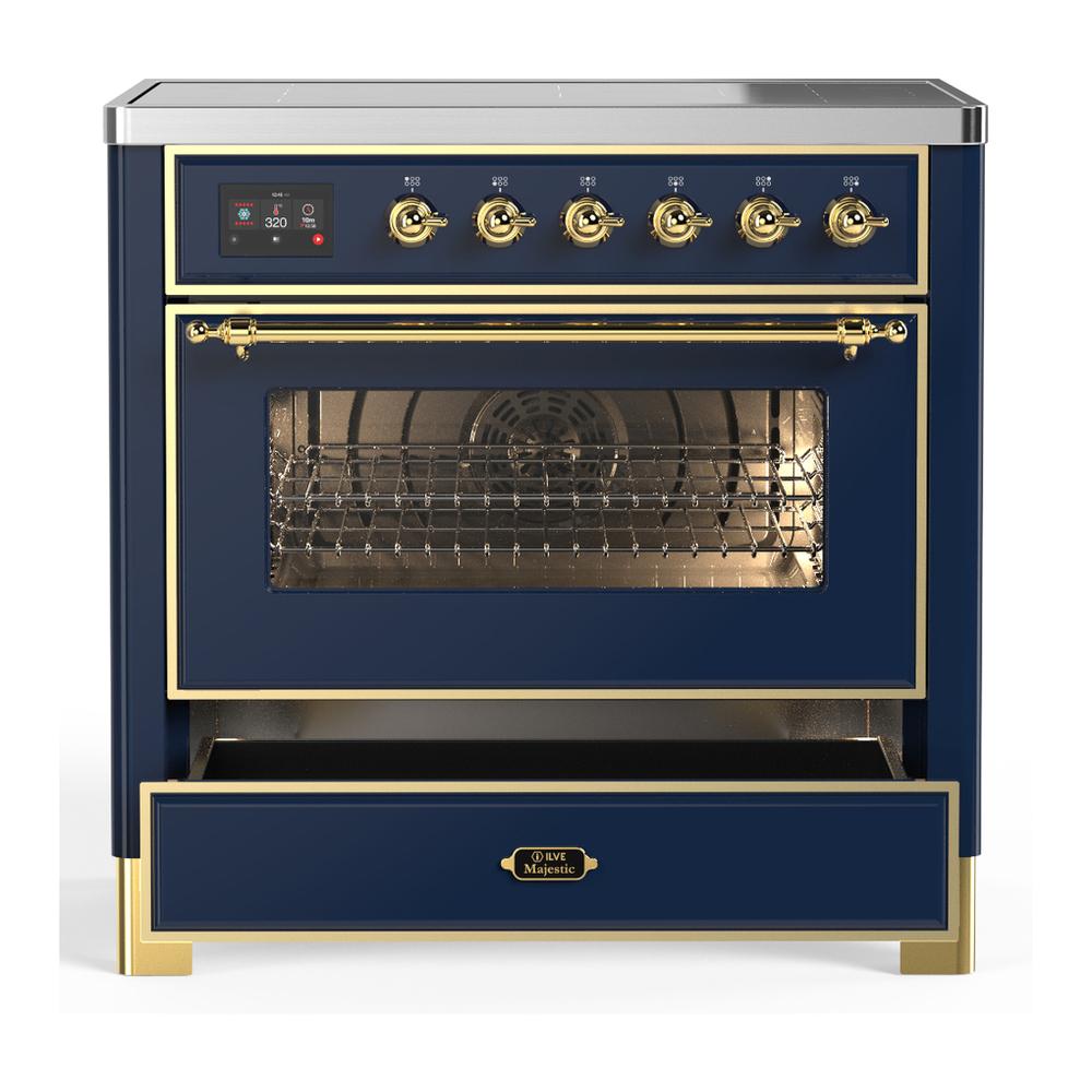 ILVE UMIB36NR3MBG Majestic III 36 inch Induction Range with 6 Elements, 3.5 cu. ft. Total Oven Capacity (Triple Glass Door, Midnight Blue, Brass)