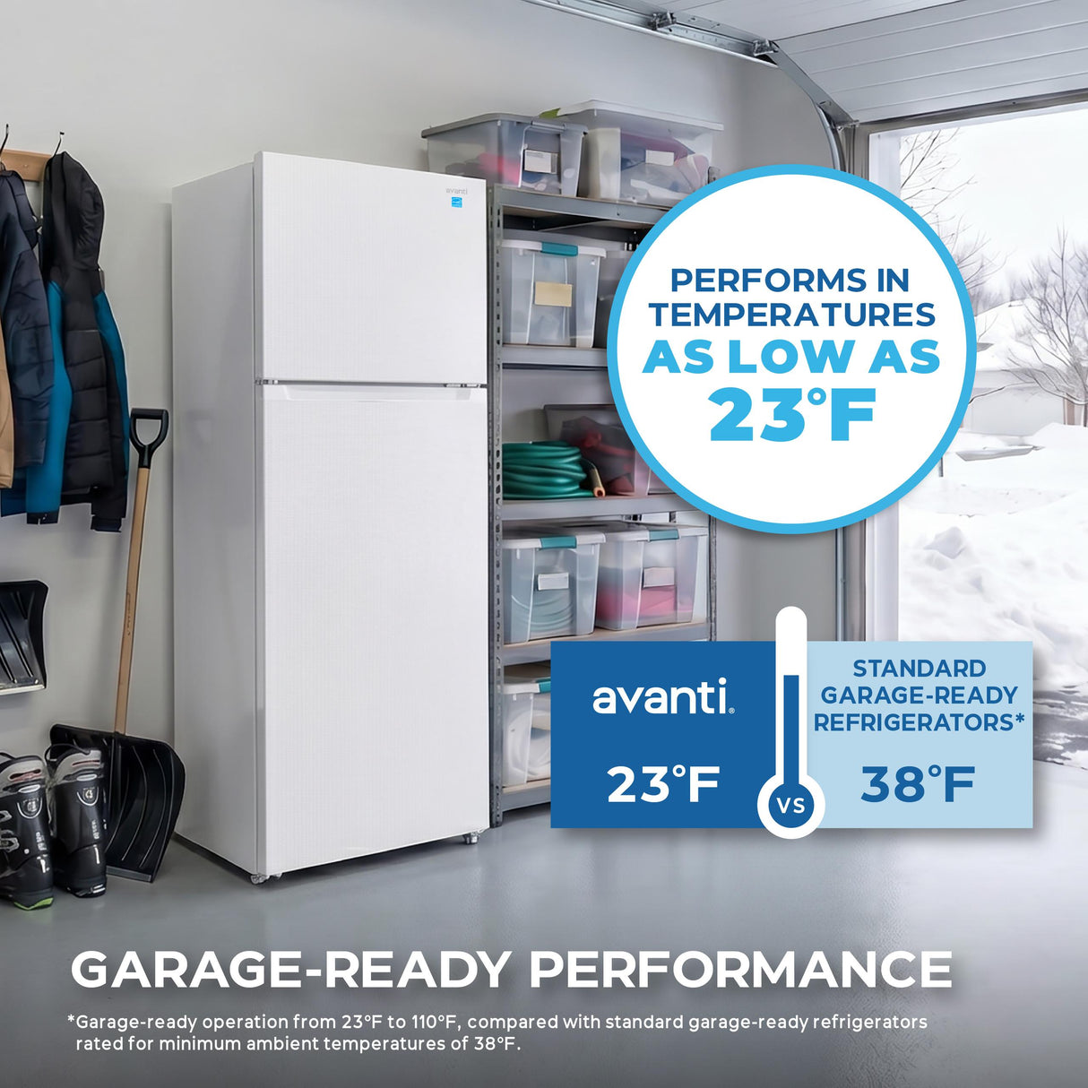 Avanti Frost-Free Apartment Size Garage-Ready Refrigerator, 14.6 cu. ft. Capacity, in White (AVFF146DLJ0W)