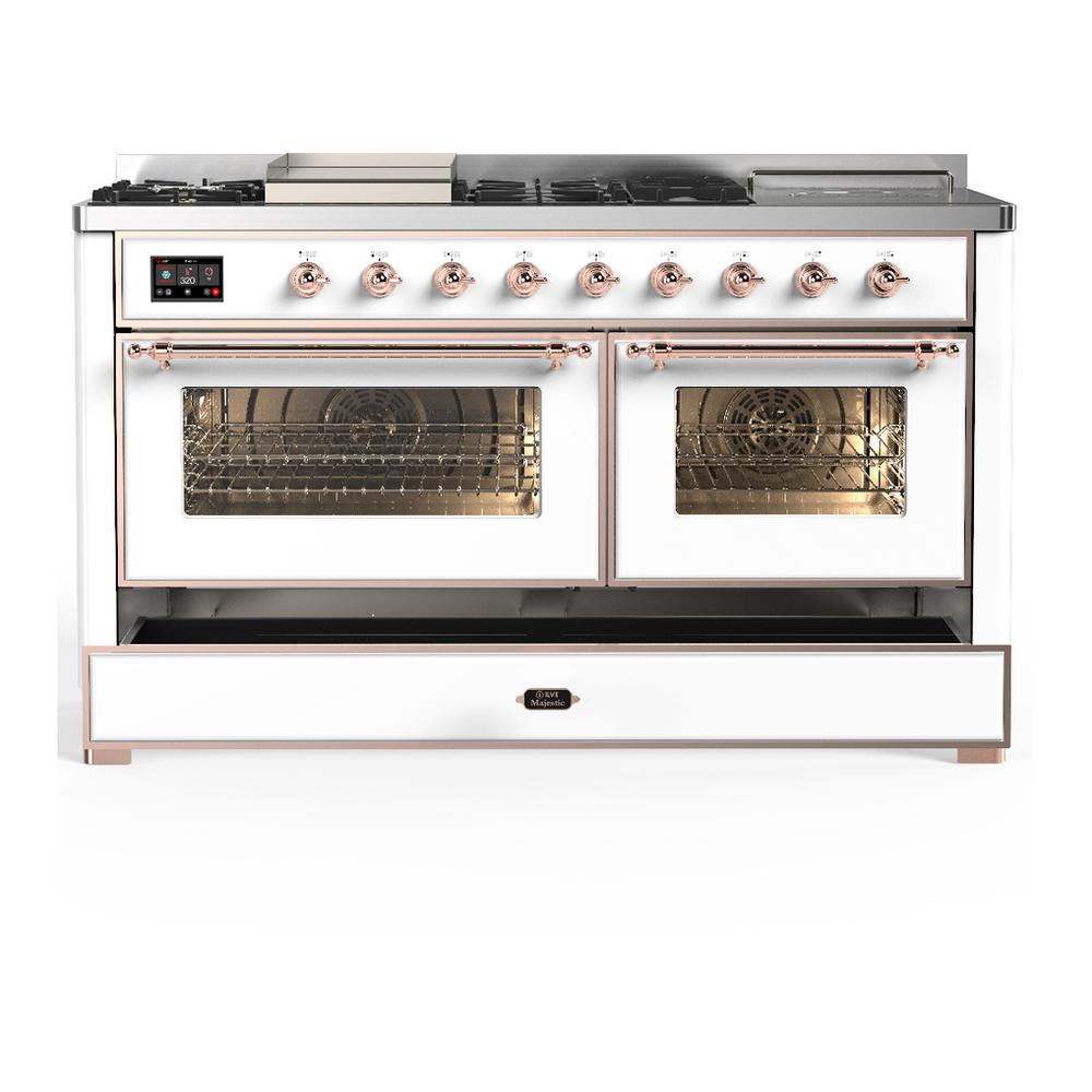 ILVE UM60FSNR3WHPLP Majestic III 60 inch Dual Fuel Range with 7 Burners, Griddle and French Top, Dual Function Burner with up to 25,000 BTU (Liquid Propane, Triple Glass Door, White, Copper)