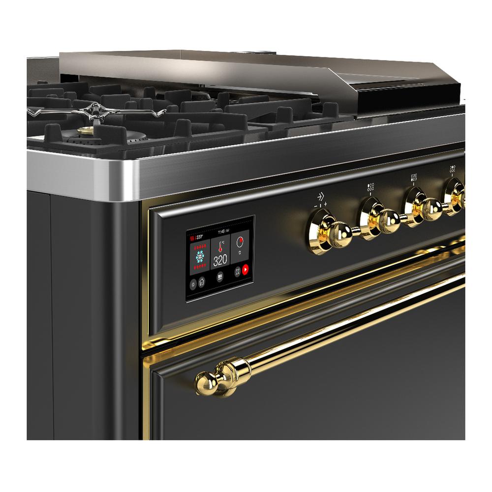 ILVE UM48FSQNR3MGG Majestic III 48 inch Dual Fuel Range with 5 Black Brass Burners, Griddle and French Top, Dual Function Burner up to 25,000 BTU (Natural Gas, Solid Door, Graphite Matte, Brass)