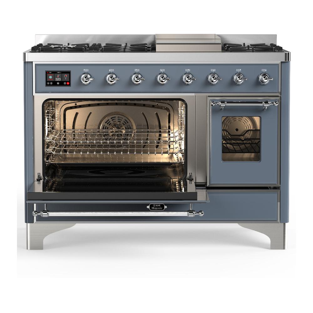 ILVE UM48FNR3BGC Majestic III 48 inch Dual Fuel Range with 8 Burners and Griddle, Dual Function Burner up to 25,000 BTU (Natural Gas, Triple Glass Door, Blue Grey, Chrome)