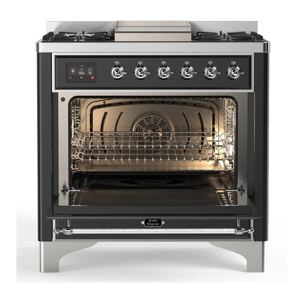 ILVE UM36FNR3MGC Majestic III 36 inch Dual Fuel Range with 6 Black Brass Burners and Griddle, Dual Function Burner up to 25,000 BTU (Triple Glass Door, Graphite Matte, Chrome, Natural Gas)