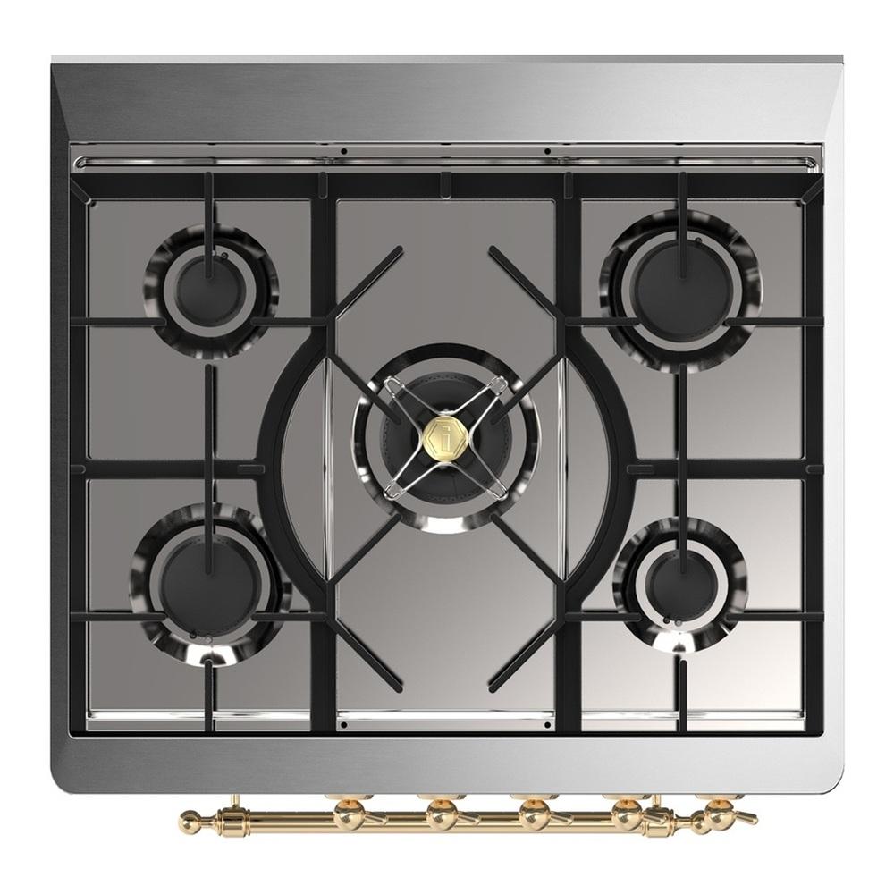 ILVE UM30QNR3AWGLP Majestic III 30 inch Dual Fuel Range with 5 Black Brass Burners, Dual Function Burner up to 25,000 BTU (Liquid Propane, Solid Door, Antique White, Brass)
